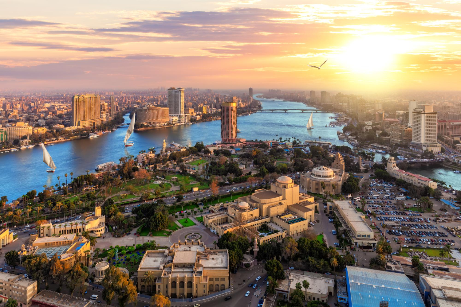 Aerial view on the downtown of Cairo and the Nile at sunset Egypt